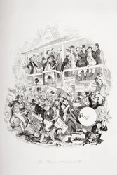 A eleição em Eatanswill, ilustração de "The Pickwick Papers", de Charles Dickens (1812-1870), publicou 1837